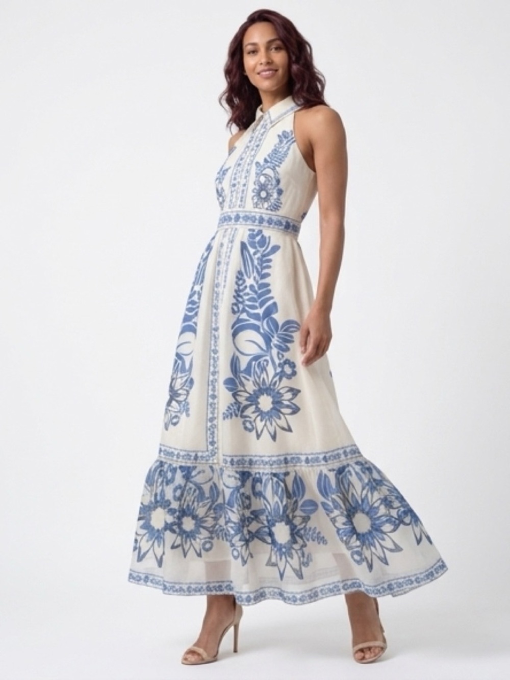 Blue & White Floral Halter Maxi Dress